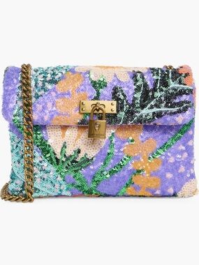 Kurt Geiger Medium Brixton Sequined Floral Shoulder Bag with Gold Chain- NEW